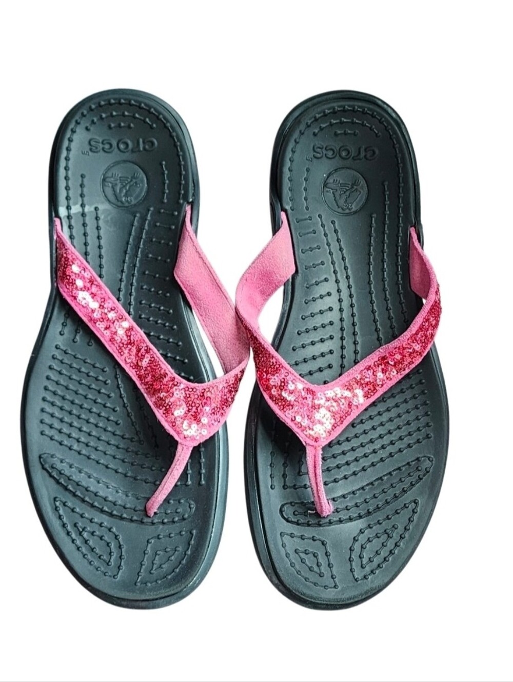 CROCS Black With Pink Sequin Strap Flip Sandals